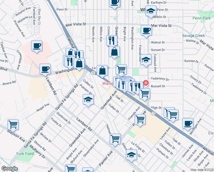 map of restaurants, bars, coffee shops, grocery stores, and more near 12809 Oak Street in Whittier