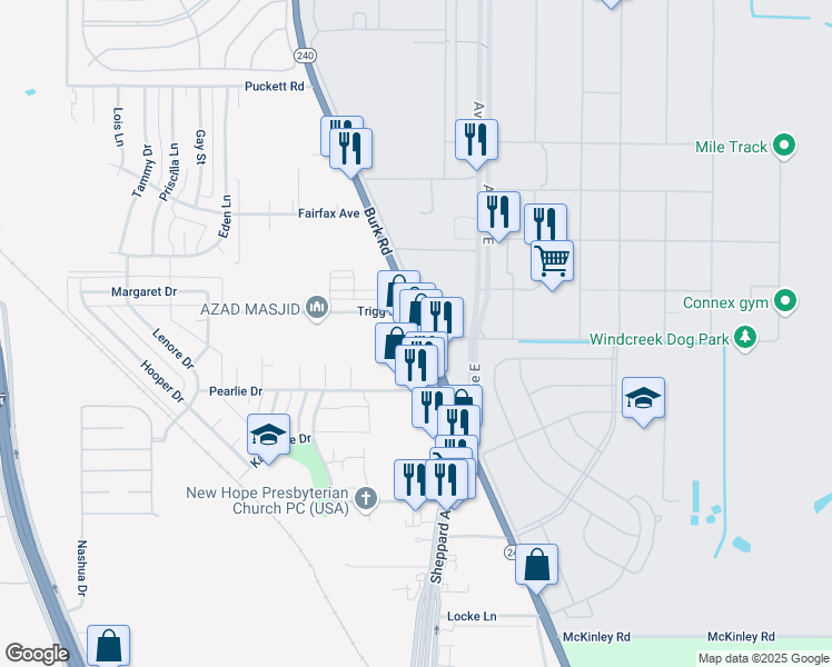 map of restaurants, bars, coffee shops, grocery stores, and more near 4132 Burk Road in Wichita Falls