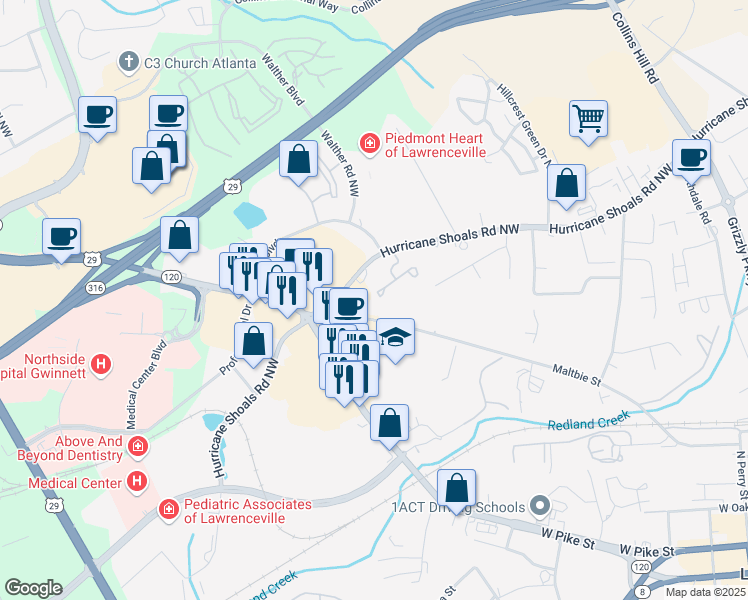 map of restaurants, bars, coffee shops, grocery stores, and more near 304 Bridge Way in Lawrenceville