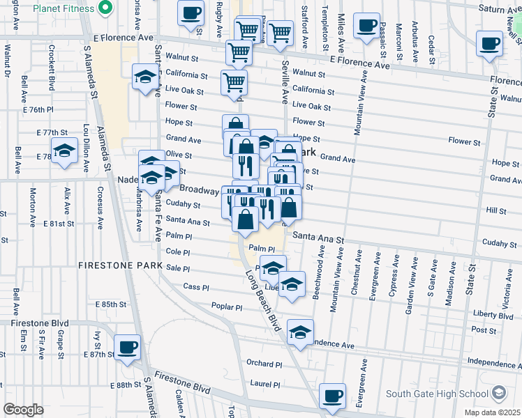 map of restaurants, bars, coffee shops, grocery stores, and more near 2629 Cudahy Street in Huntington Park