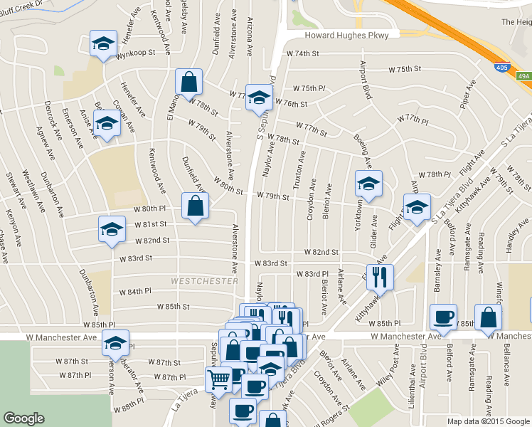 map of restaurants, bars, coffee shops, grocery stores, and more near 8000 Naylor Avenue in Los Angeles