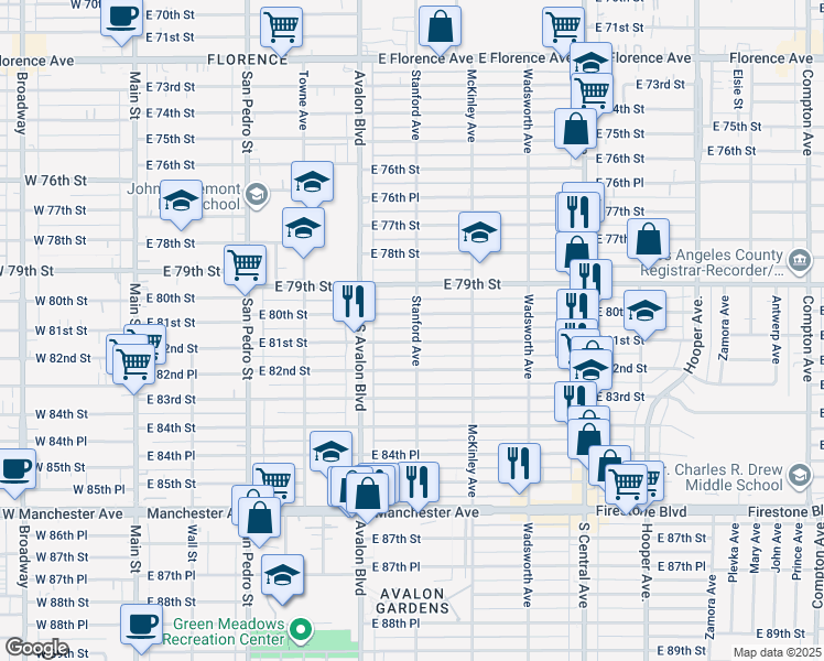 map of restaurants, bars, coffee shops, grocery stores, and more near 8015 Stanford Avenue in Los Angeles