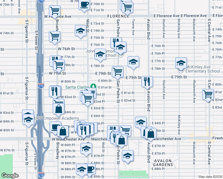 map of restaurants, bars, coffee shops, grocery stores, and more near 234 East 81st Street in Los Angeles