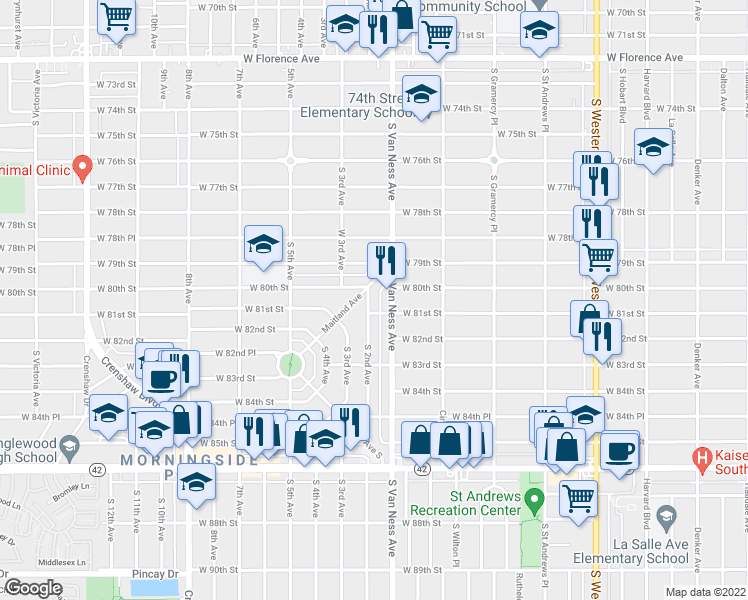 map of restaurants, bars, coffee shops, grocery stores, and more near 8010 South 2nd Avenue in Inglewood