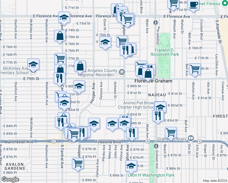 map of restaurants, bars, coffee shops, grocery stores, and more near 1451 East 81st Street in Los Angeles