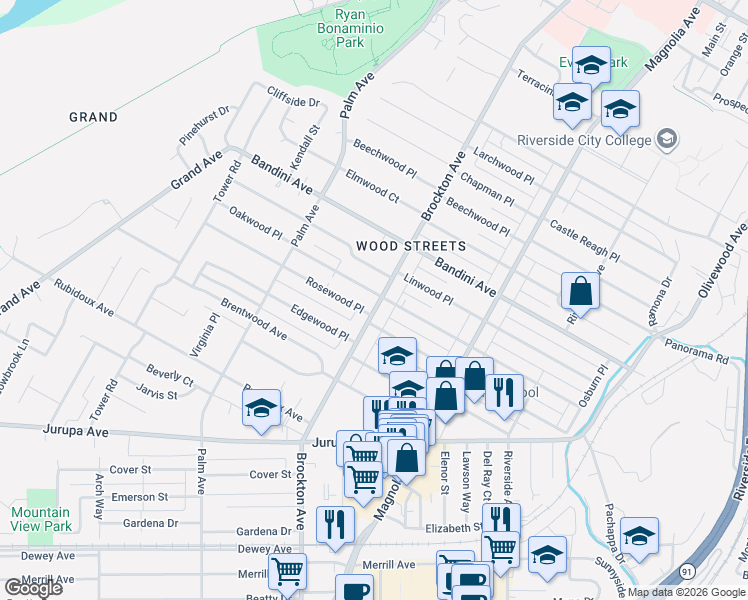 map of restaurants, bars, coffee shops, grocery stores, and more near 5615 Brockton Avenue in Riverside