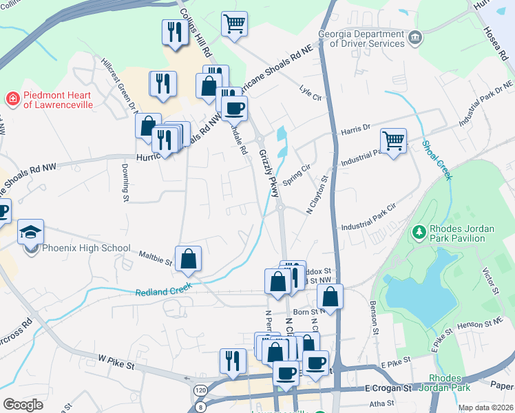 map of restaurants, bars, coffee shops, grocery stores, and more near 423 Northdale Court in Lawrenceville