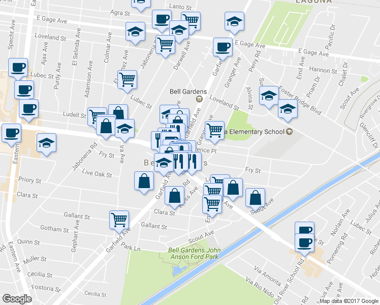map of restaurants, bars, coffee shops, grocery stores, and more near 7215 Granger Avenue in Bell Gardens
