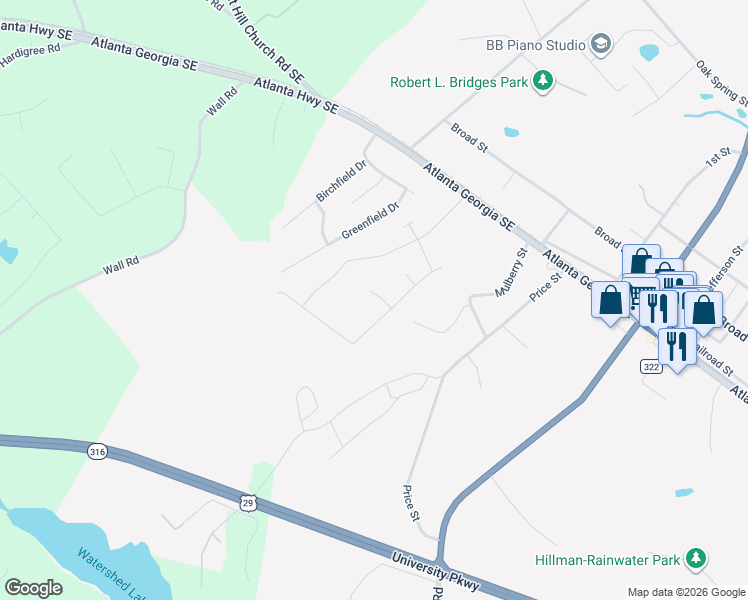 map of restaurants, bars, coffee shops, grocery stores, and more near 476 Whispering Oaks in Statham