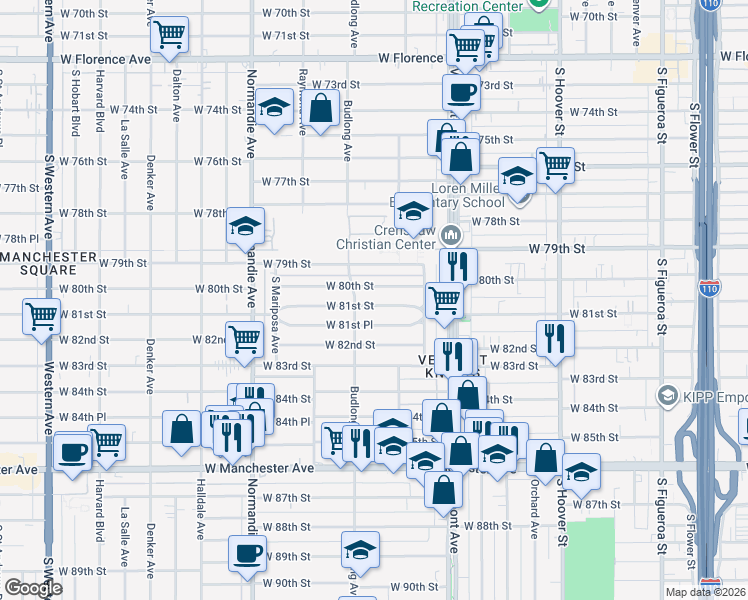 map of restaurants, bars, coffee shops, grocery stores, and more near 1105 West 81st Street in Los Angeles