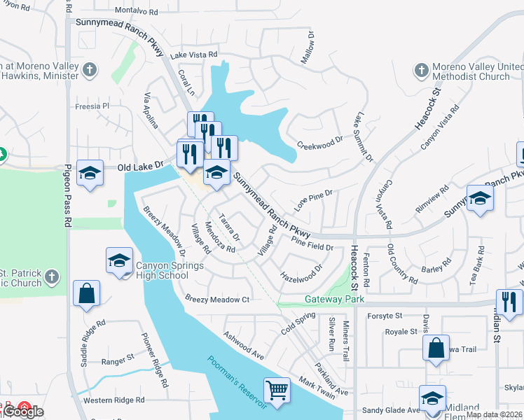 map of restaurants, bars, coffee shops, grocery stores, and more near 23650 Tonada Lane in Moreno Valley