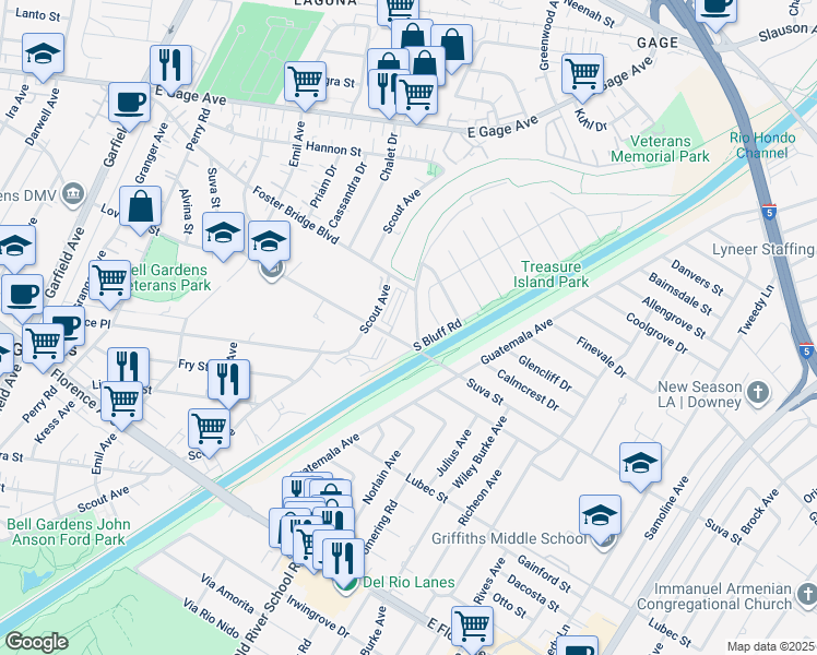 map of restaurants, bars, coffee shops, grocery stores, and more near 7350 Foster Bridge Boulevard in Downey