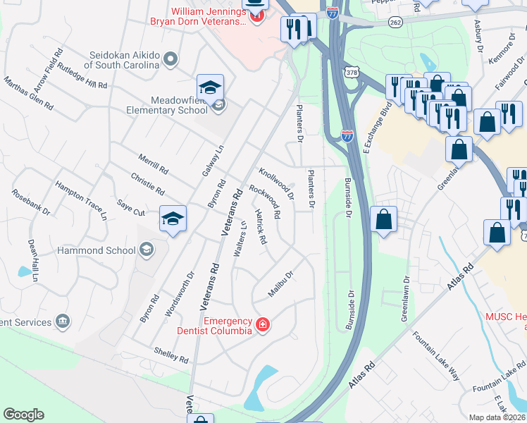 map of restaurants, bars, coffee shops, grocery stores, and more near 622 Hatrick Road in Columbia