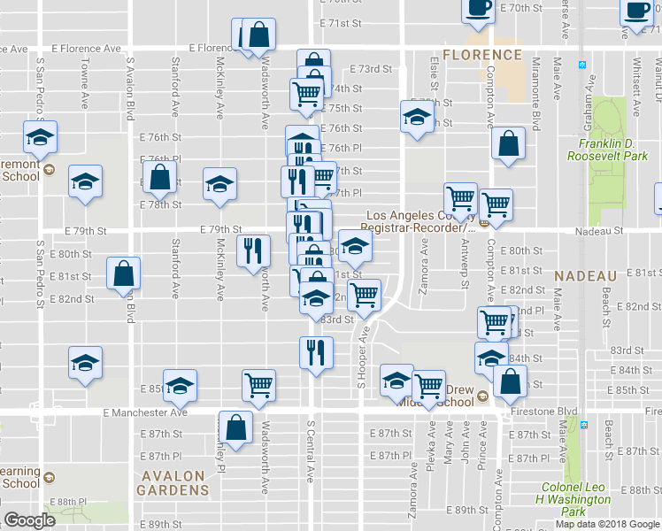 map of restaurants, bars, coffee shops, grocery stores, and more near 1129 1/2 East 81st Street in Los Angeles