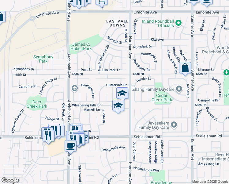 map of restaurants, bars, coffee shops, grocery stores, and more near 6736 Annebury Drive in Corona