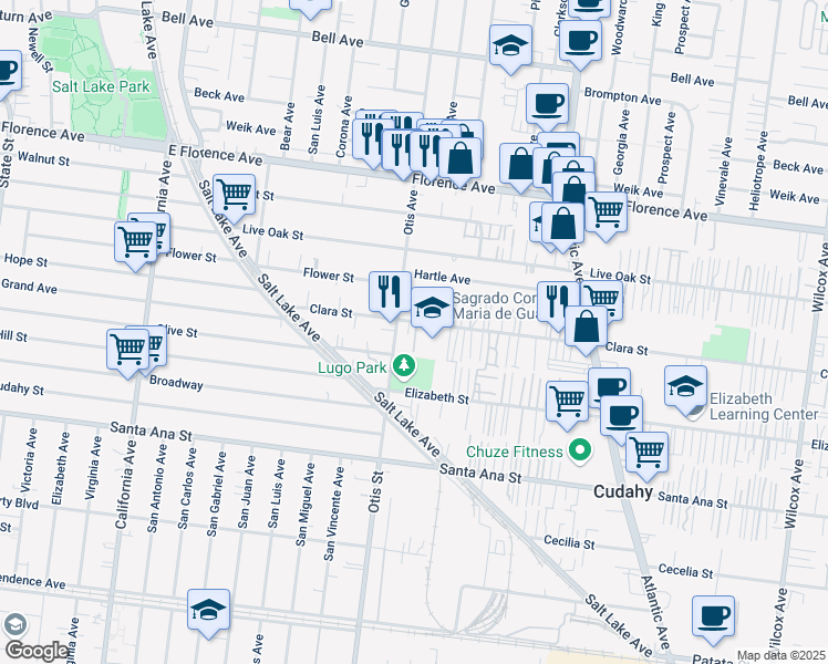 map of restaurants, bars, coffee shops, grocery stores, and more near 4218 Clara Street in Cudahy