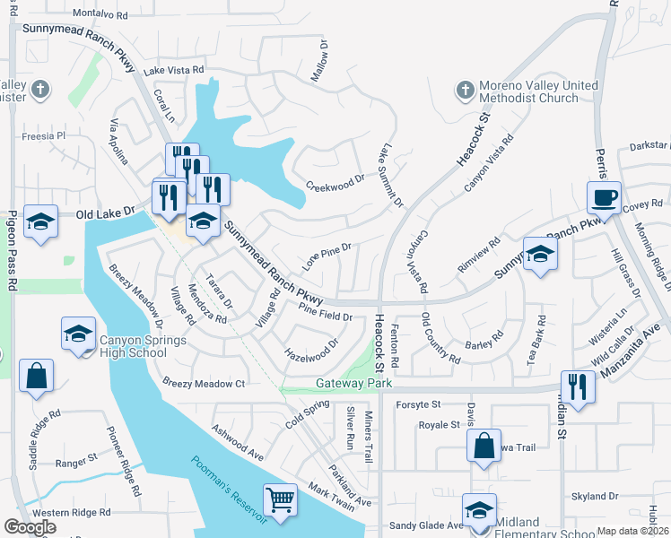 map of restaurants, bars, coffee shops, grocery stores, and more near 10619 Willow Creek Road in Moreno Valley