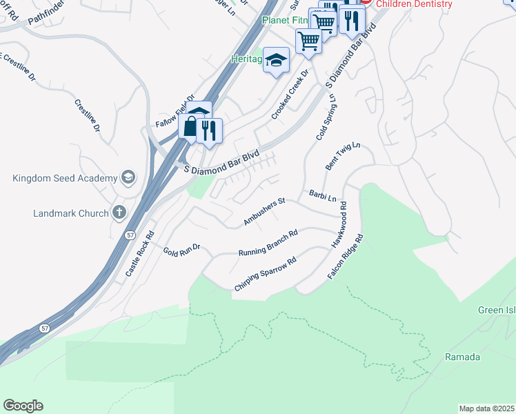 map of restaurants, bars, coffee shops, grocery stores, and more near 21233 Ambushers Street in Diamond Bar