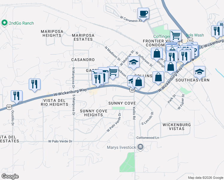 map of restaurants, bars, coffee shops, grocery stores, and more near 579 West Wickenburg Way in Wickenburg