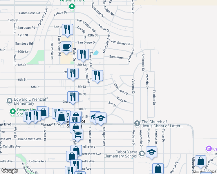map of restaurants, bars, coffee shops, grocery stores, and more near 66823 5th Street in Desert Hot Springs