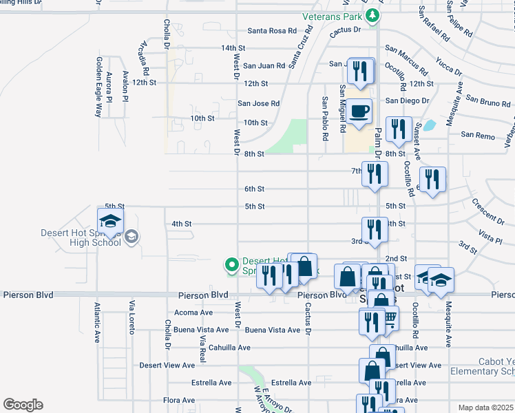 map of restaurants, bars, coffee shops, grocery stores, and more near 66032 5th Street in Desert Hot Springs