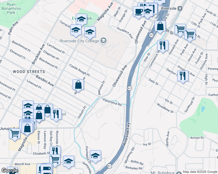 map of restaurants, bars, coffee shops, grocery stores, and more near 3445 Ramona Drive in Riverside