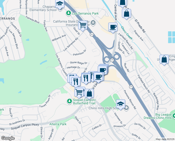 map of restaurants, bars, coffee shops, grocery stores, and more near 15829 Sedona Drive in Chino Hills