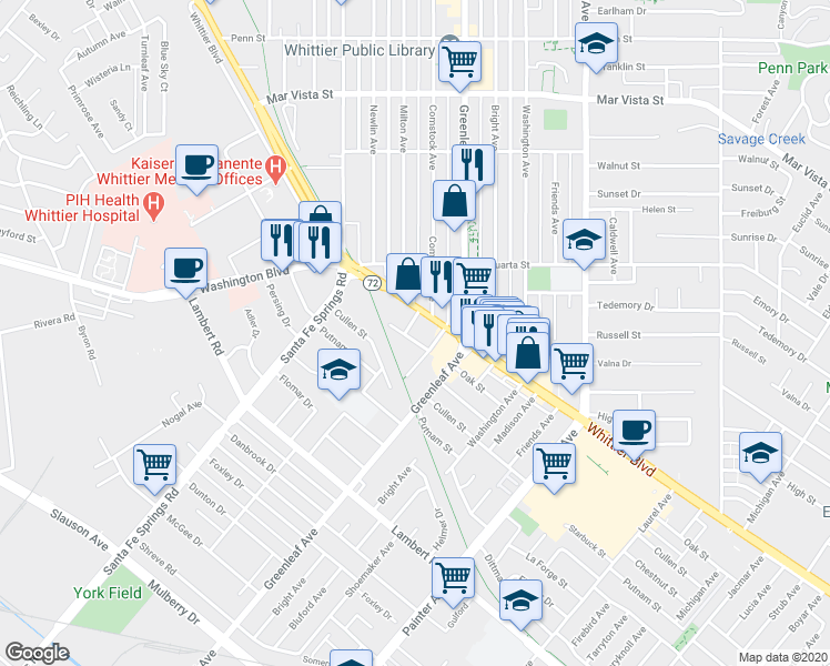 map of restaurants, bars, coffee shops, grocery stores, and more near 12809 Oak Street in Whittier