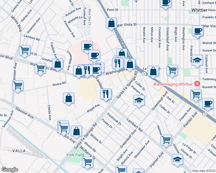 map of restaurants, bars, coffee shops, grocery stores, and more near 12451 Lambert Road in Whittier