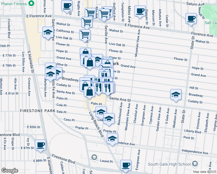 map of restaurants, bars, coffee shops, grocery stores, and more near 7915 Seville Avenue in Huntington Park