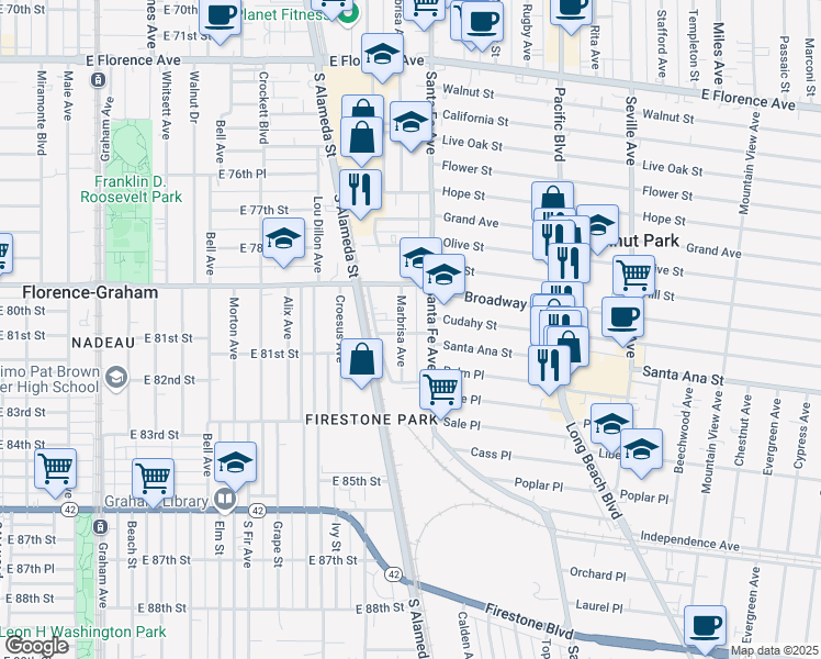 map of restaurants, bars, coffee shops, grocery stores, and more near 7943 Marbrisa Avenue in Huntington Park