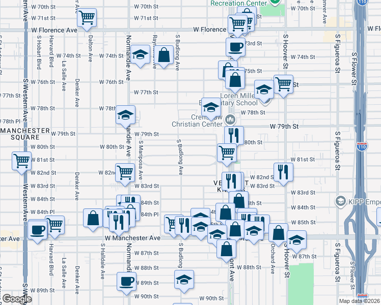 map of restaurants, bars, coffee shops, grocery stores, and more near 1105 West 81st Street in Los Angeles
