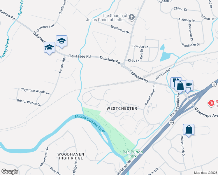 map of restaurants, bars, coffee shops, grocery stores, and more near 123 Lake Place in Athens