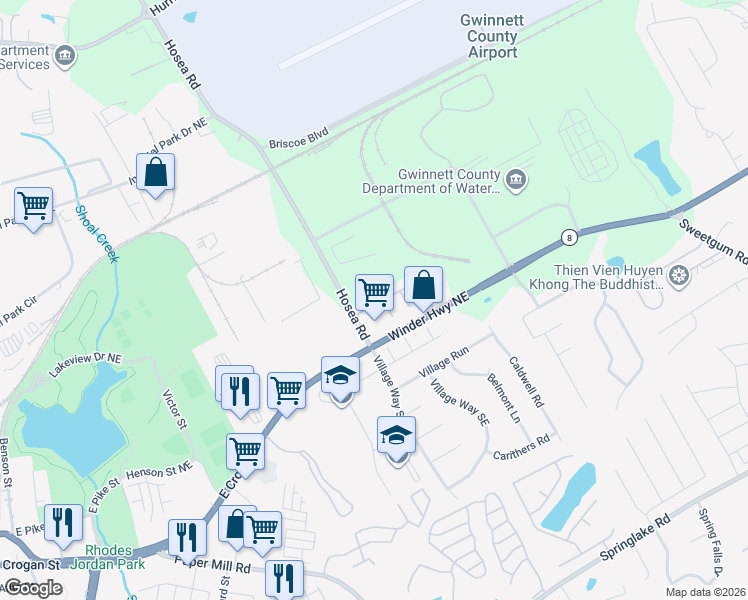 map of restaurants, bars, coffee shops, grocery stores, and more near 159 Timber Gate Drive in Lawrenceville