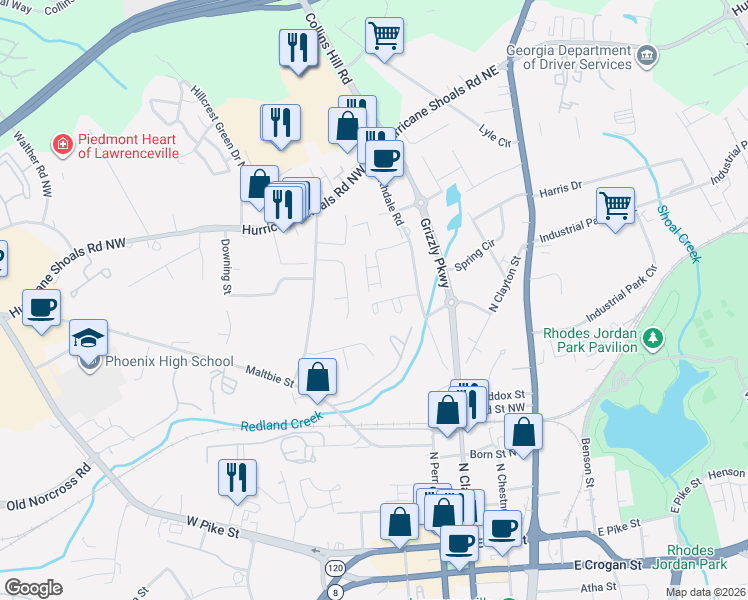 map of restaurants, bars, coffee shops, grocery stores, and more near 131 Northdale Place in Lawrenceville