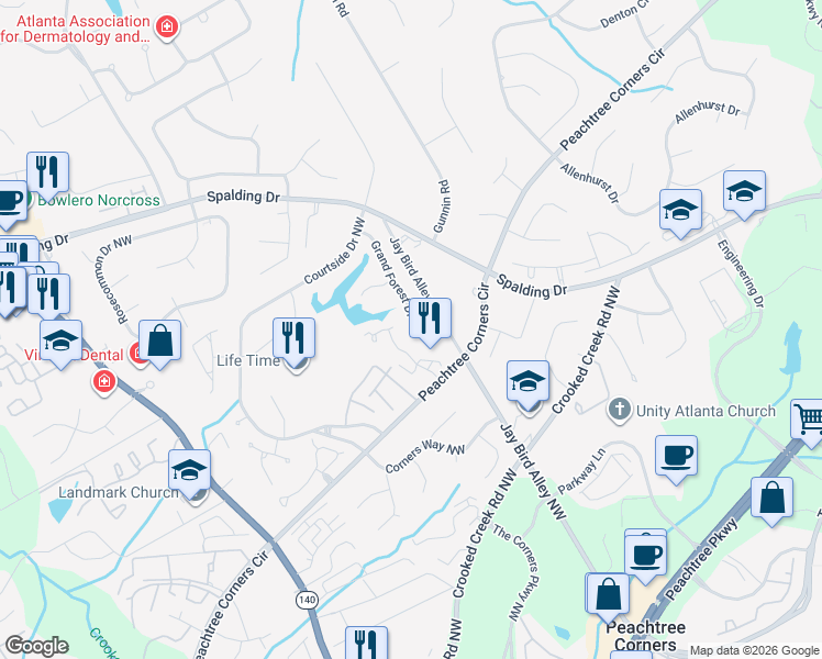 map of restaurants, bars, coffee shops, grocery stores, and more near 3776 Grand Forest Drive Northwest in Norcross