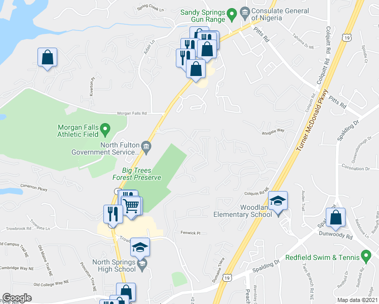 map of restaurants, bars, coffee shops, grocery stores, and more near 7785 Roswell Road Northeast in Atlanta