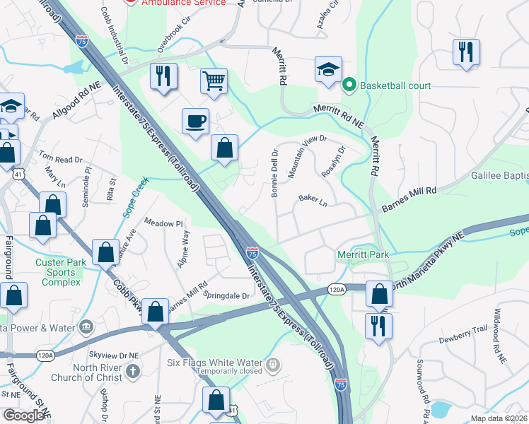 map of restaurants, bars, coffee shops, grocery stores, and more near 609 Bonnie Dell Drive in Marietta