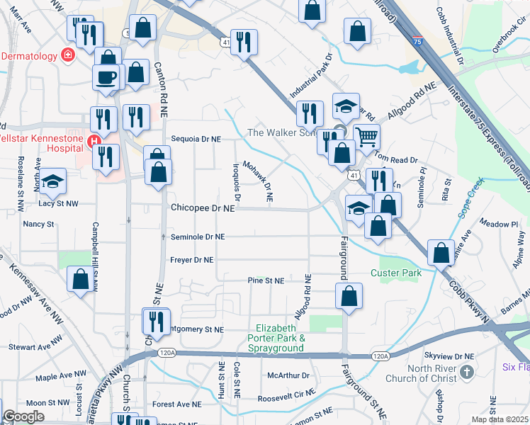 map of restaurants, bars, coffee shops, grocery stores, and more near 370 Chicopee Drive Northeast in Marietta