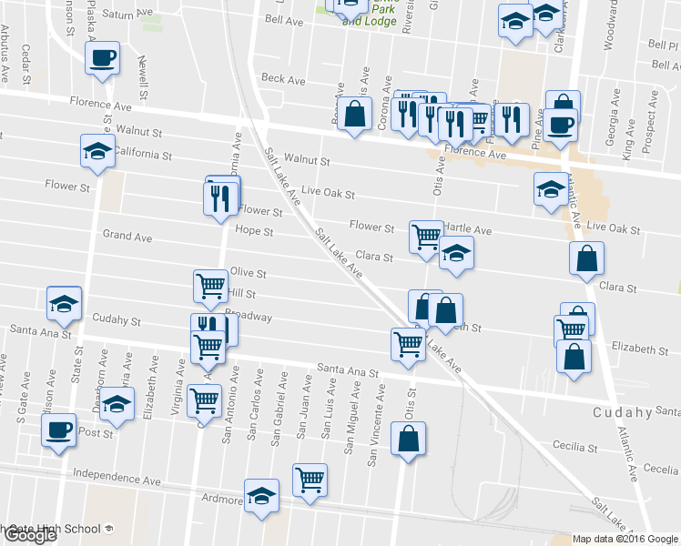 map of restaurants, bars, coffee shops, grocery stores, and more near 7711 Salt Lake Avenue in Huntington Park