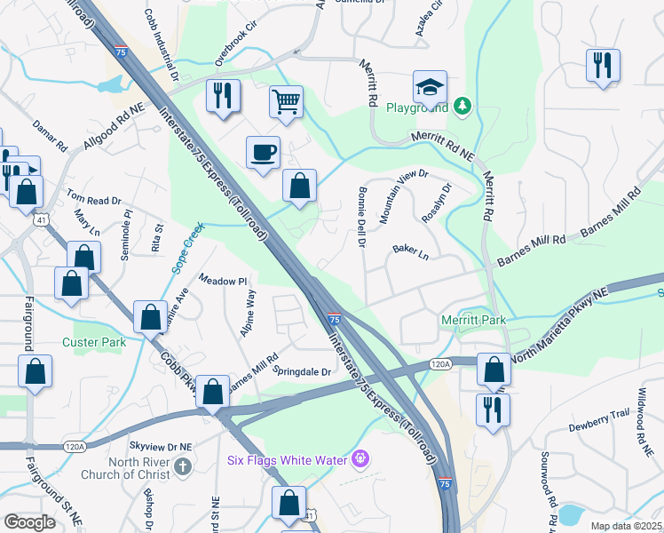 map of restaurants, bars, coffee shops, grocery stores, and more near 149 Bankston Road in Marietta