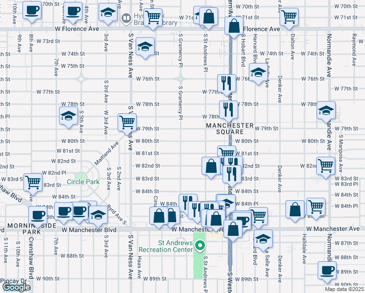 map of restaurants, bars, coffee shops, grocery stores, and more near 1960 West 80th Street in Los Angeles