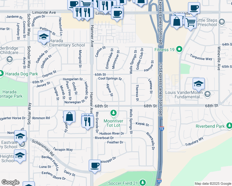map of restaurants, bars, coffee shops, grocery stores, and more near 6717 Moonriver Street in Eastvale