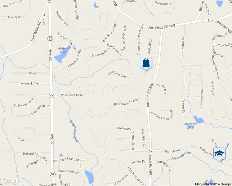 map of restaurants, bars, coffee shops, grocery stores, and more near 432 Sirocco Court Northwest in Powder Springs