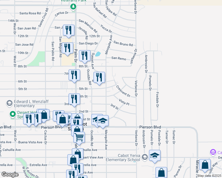 map of restaurants, bars, coffee shops, grocery stores, and more near in Desert Hot Springs