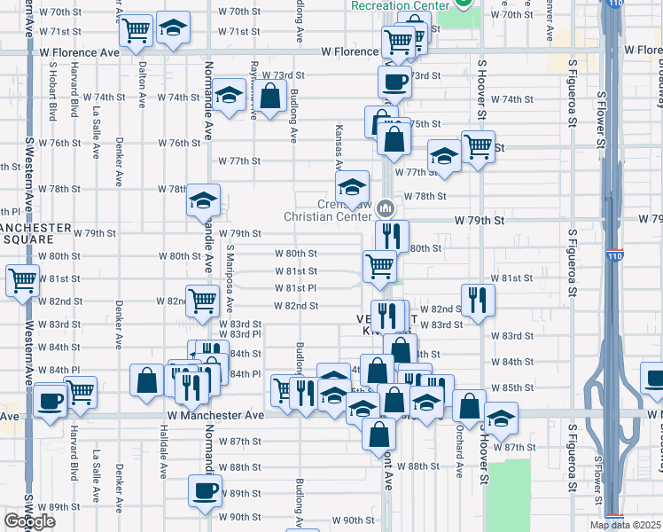 map of restaurants, bars, coffee shops, grocery stores, and more near 1105 West 81st Street in Los Angeles