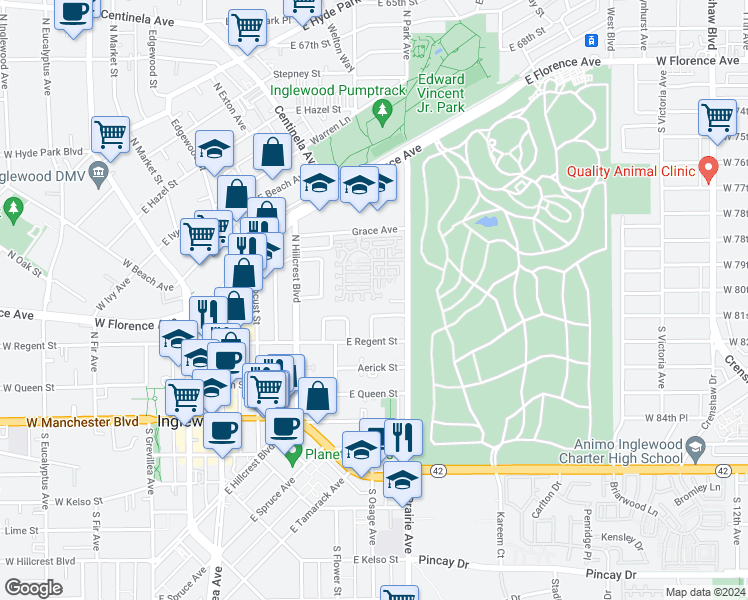 map of restaurants, bars, coffee shops, grocery stores, and more near 680 Daniel Freeman Circle in Inglewood