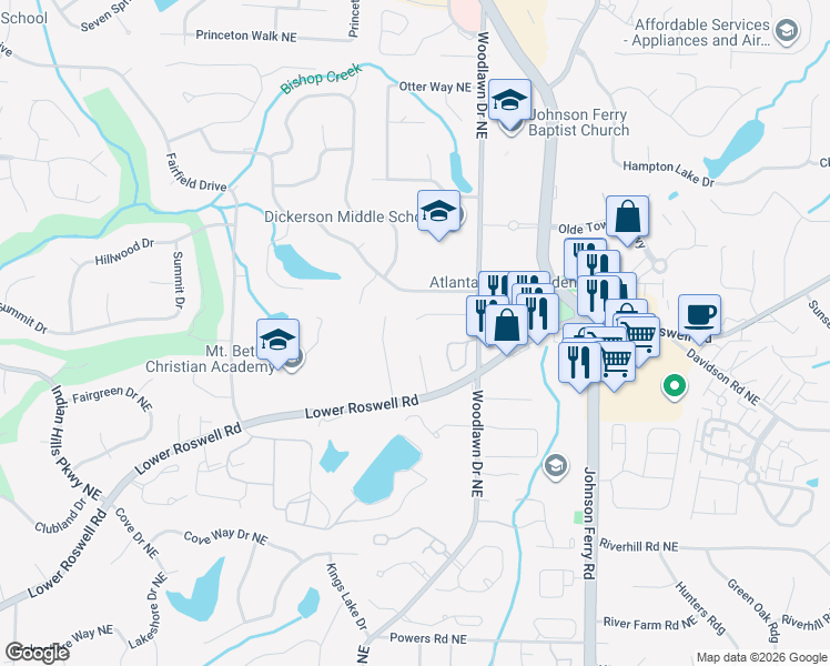 map of restaurants, bars, coffee shops, grocery stores, and more near 4510 Parkcrest Court Northeast in Marietta