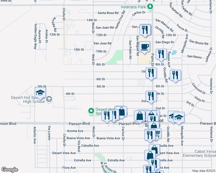 map of restaurants, bars, coffee shops, grocery stores, and more near 5th Street in Desert Hot Springs