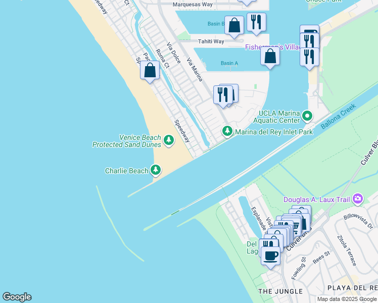 map of restaurants, bars, coffee shops, grocery stores, and more near 5500 Ocean Front Walk in Marina del Rey